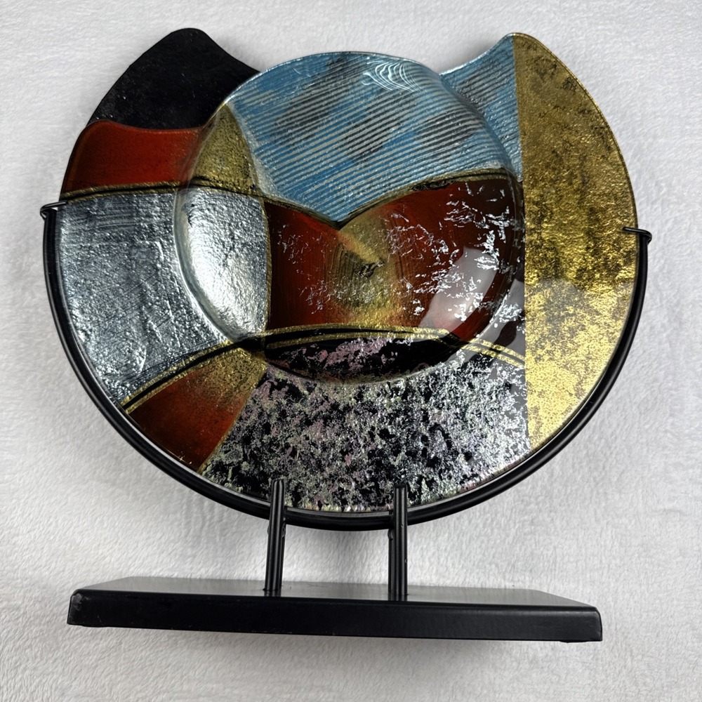 Crescent Fused Art Glass Postmodern Pocket  Vase W/ Stand Decorative Planter 15"